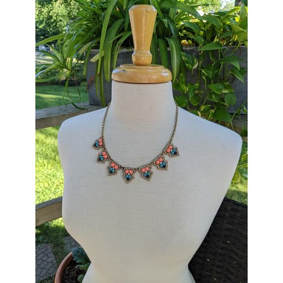 J. Crew antiqued gold tone orange/peach & blue statement necklace, rhinestones - Picture 7 of 11